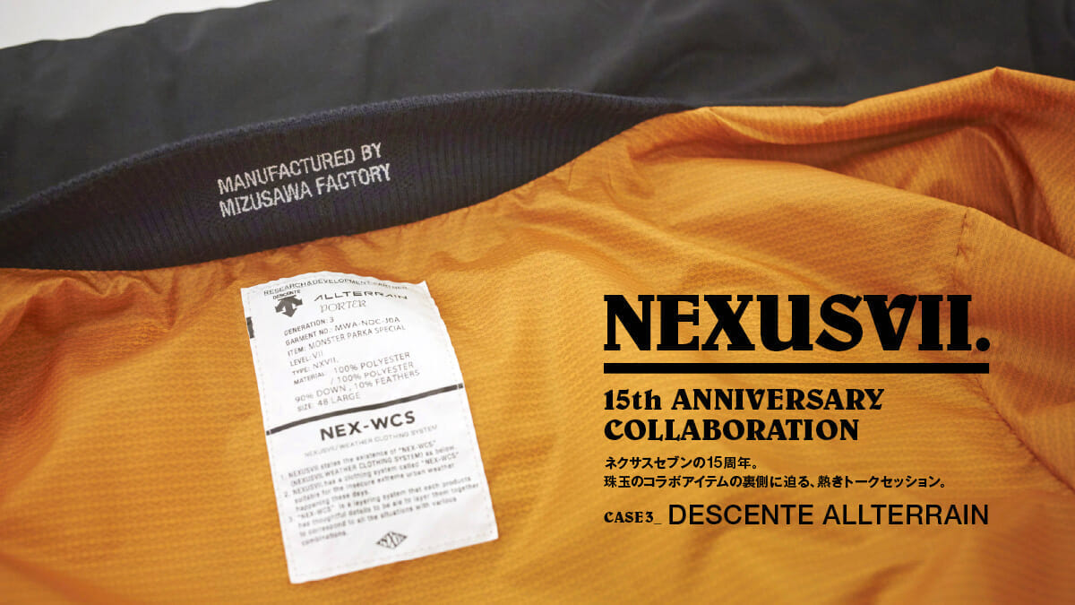Nexus Seven's 15th Anniversary. A passionate talk session that goes behind the scenes of the gems of collaboration items. CASE3_DESCENTE ALLTERRAIN