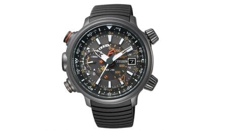 Gold and orange against black. The Citizen Promaster, specially ordered by Tomorrowland, is limited to 200 pieces.