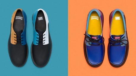 Playful asymmetrical shoes. Camper's 30th anniversary of the Twins and a special campaign.