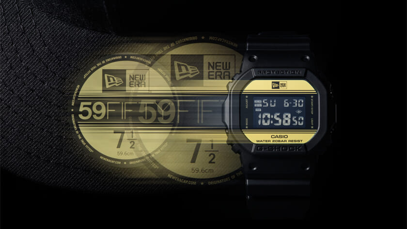 G-SHOCK 腕時計NEWERAコラボ G-SHOCK×ニューエラのコラボ腕時計、「59FIFTY」型のケースに入った