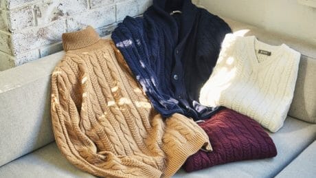 A fine cable-knit knit in a cashmere blend is available at Nano Universe.