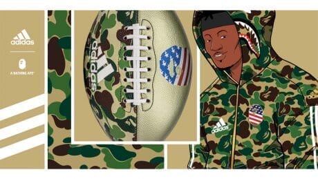 Drown yourself in camo football gear by Adidas and BAPE®.