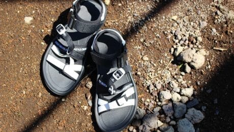 Comes in an unlikely color scheme. Monotone sports sandals by Snow Peak and Teva.