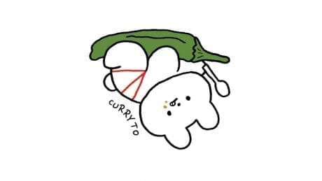 カレーときっこうちゃん。口にカレーをつけた愛くるしいキャラクターがししとうを抱えています。