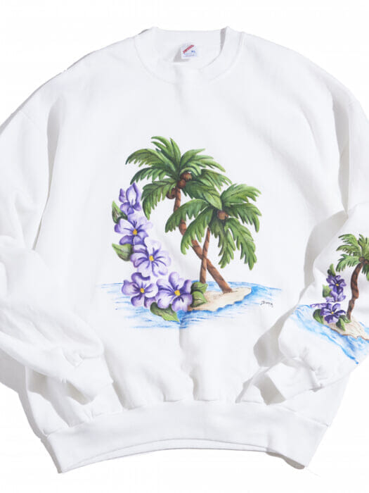 Cheerful palm trees and hibiscus trees welcome you! This is an unusual sweatshirt that will make you feel like you are on vacation.