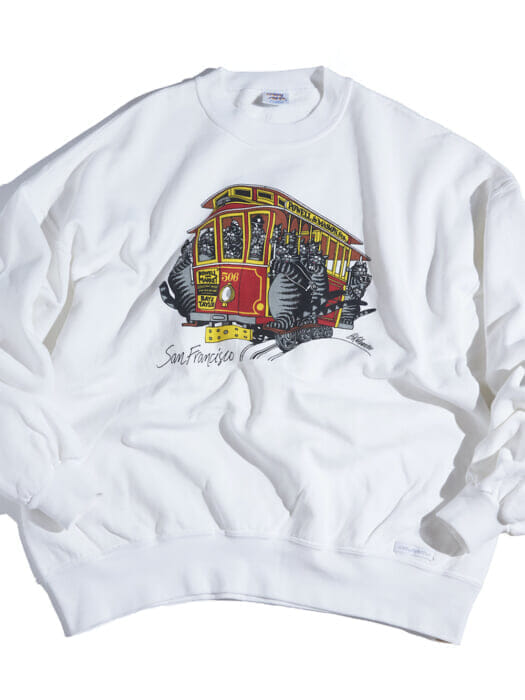 A cat takes a special seat on a cable car, a San Francisco specialty! This sweatshirt is cute but meaningful.