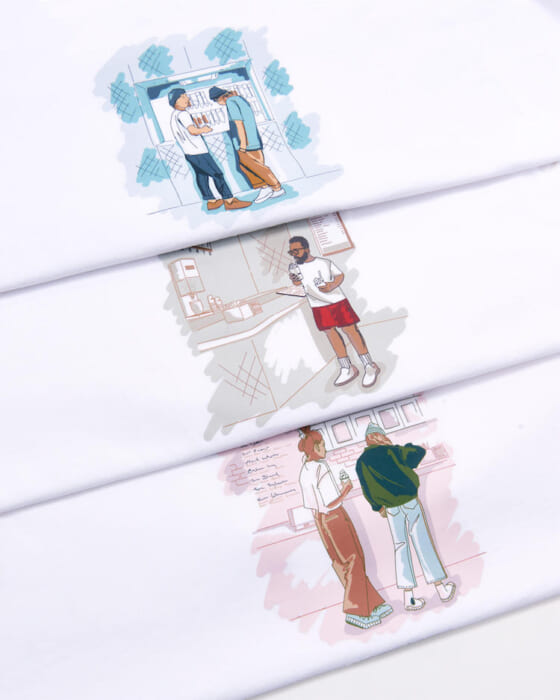 A scene in New York is loosely expressed. Three humorous long T-shirts are available at Kiss Treats.