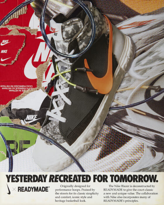 The Blazer gets a cutting-edge design. An upcycled collaboration between Nike and Readymade.