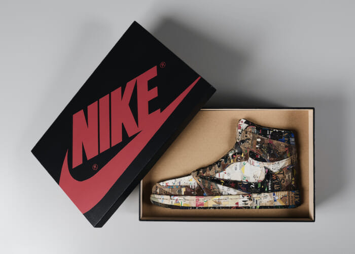 Nike's premier model reconstructed in cardboard. Co-ownership is available at Strahm for one coin.