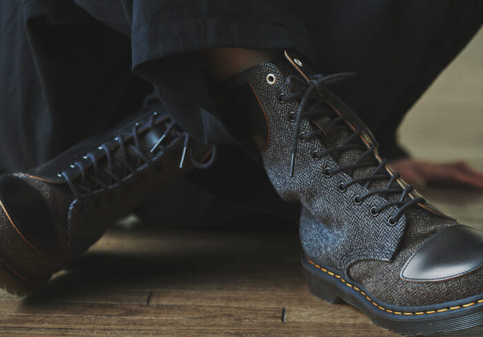 The upcoming Wise x Dr. Martens is a tweed version. The bold crazy pattern will color your feet.