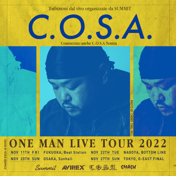 Rapper C.O.S.A.'s one-man tour kicks off. Event T-shirts in collaboration with Avilex will also be available.