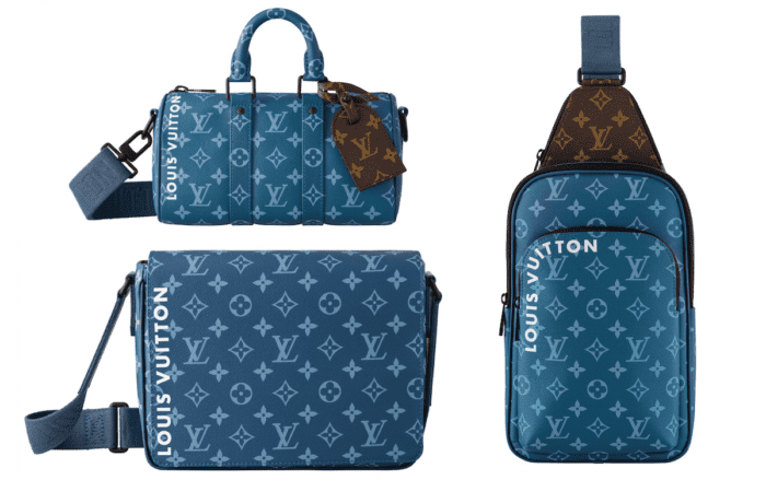 Louis Vuitton's new products in blue color. Monogram canvas bags and wallets are now available.