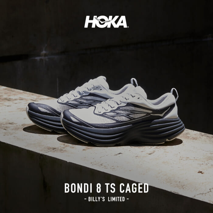 ホカのニューモデル、BONDI 8 TS CAGED。ビリーズリミテッドカラーはひと味違う、より都会的なアレンジです。