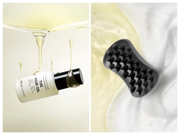 Hair care with Bulk Homme items. A multi hair oil of vegetable origin and a silicone scalp brush are now available.