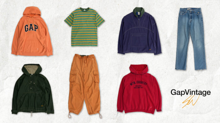 The long-awaited GapVintage, the third installment. It's going on sale at the Kichijoji store this weekend, and they have an anorak from the 90s and an arch logo hoodie from the 2000s.