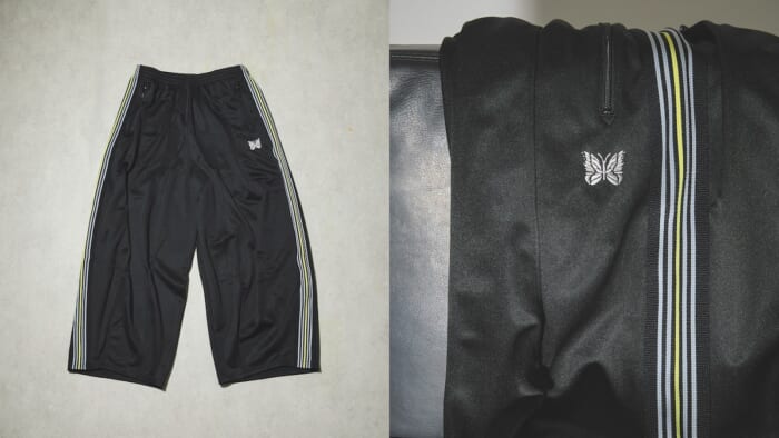 Needles track pants available exclusively at Loveless. The sixth installment features a wide silhouette in that iconic color scheme.