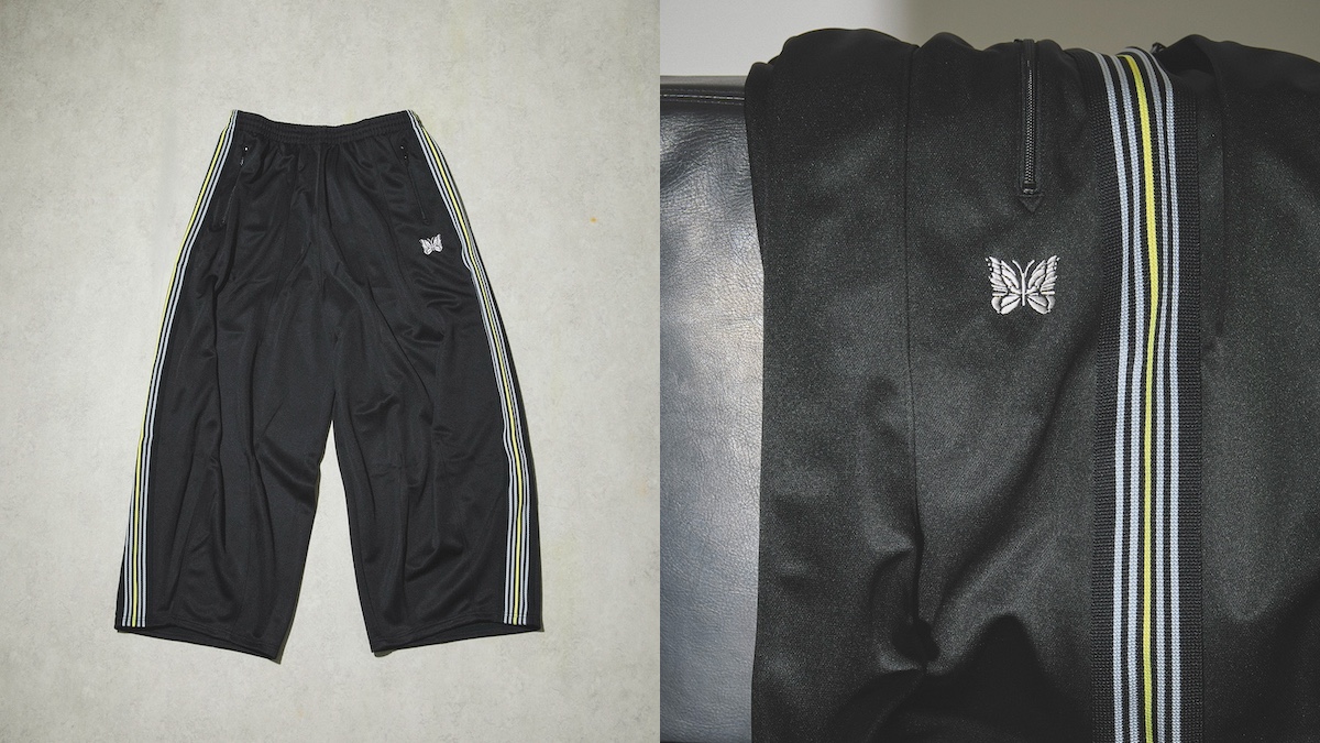 Needles track pants available exclusively at Loveless. The sixth installment features a wide silhouette in that iconic color scheme.